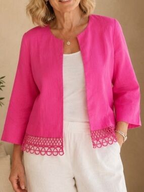 Punt Roma 100% Linen Pink Open Front Jacket Blazer Lace Trim Size 10 Coastal